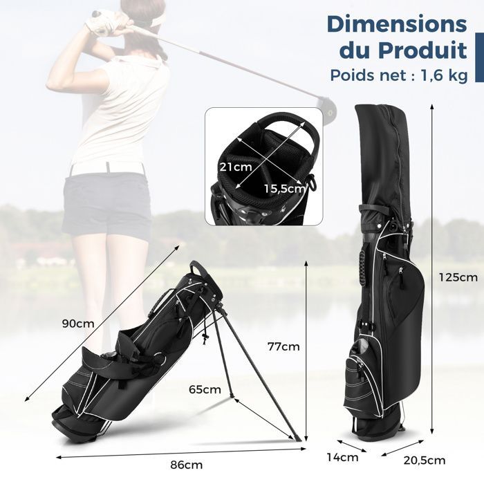 Bolsa de golf portátil con trípode COSTWAY - Sistema de 4 compartimentos - 4 bolsillos con cremallera - Bolsa isotérmica - Correa doble para el hombro - Funda impermeable - Negra