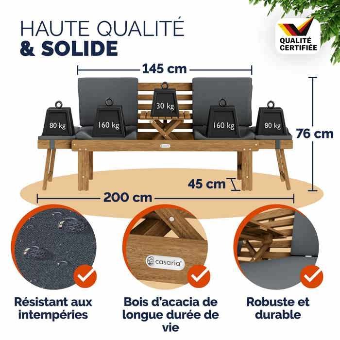 CASARIA Banc de jardin en bois avec table 200x50cm résistant aux intempéries Pliable 3 places jardin balcon bain de soleil