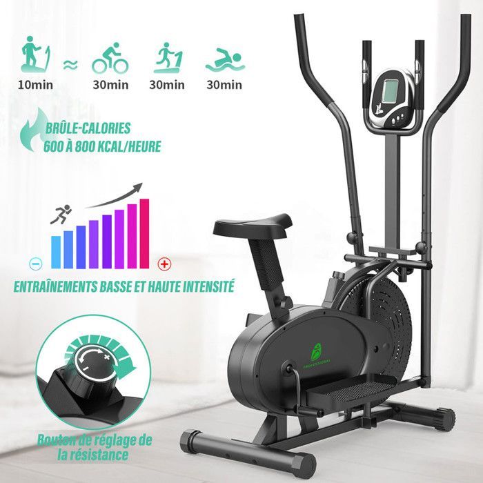 Bicicleta elíptica 2 en 1 para uso doméstico. Resistencia de 180°, peso máximo 120 kg. Pantalla LCD, tamaño compacto ideal para familias y apartamentos, color negro.