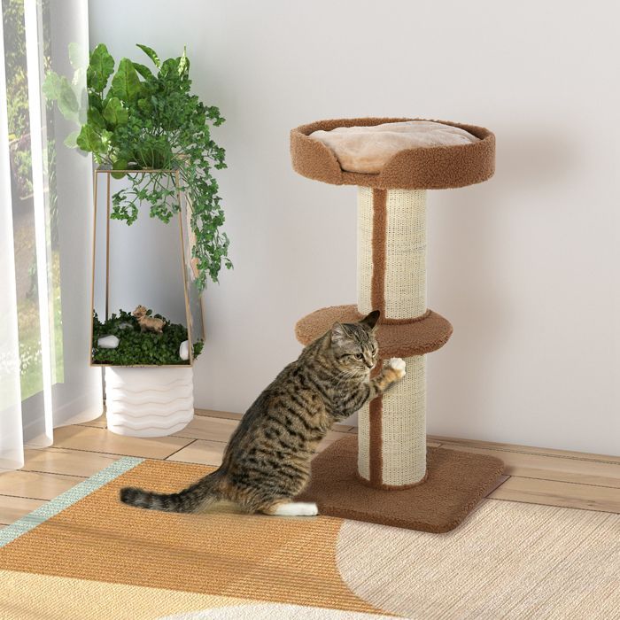 Arbre à chat - PawHut - avec griffoir - 2 plateformes - coussin - perchoirs avec bord relevé - marron clair