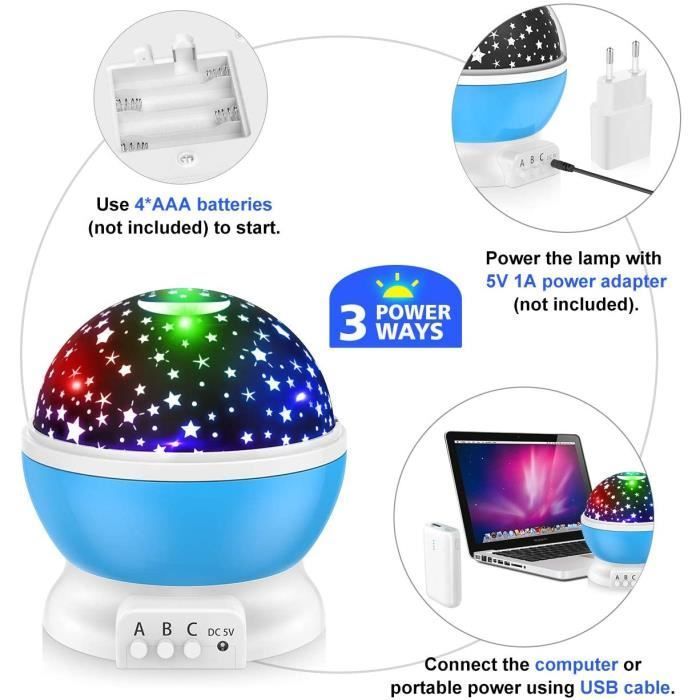 Lámpara de noche infantil con proyección de estrellas y rotación de 360° - Azul