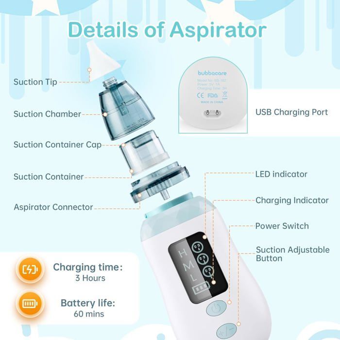 Aspirador nasal para bebés, aspirador nasal para bebés con 3 niveles de succión, aspirador nasal eléctrico para bebés con 4 boquillas de succión reutilizables