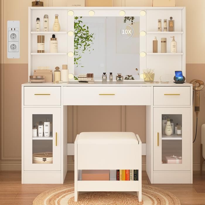 Dressing Table with Mirror and Storage Stool - NHHF - 113 x 40 x 140 cm - 10 Bulbs - 3 Adjustable Colors - 3 Drawers, 6 Shelves and 5 Hooks