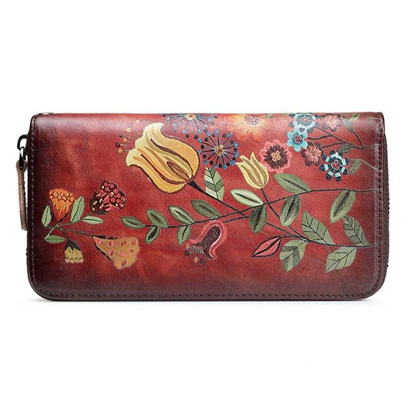 Portefeuille femme oiseau volant, pochette en cuir originale pour femme, pochette longue à motif floral, pochette zippée pratique pour téléphone.