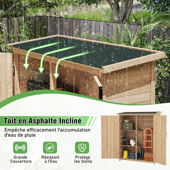 Abri de Jardin Extérieur en Bois Massif 140x51x163 cm COSTWAY-Toit en Asphalte Incliné-Étagères Amovibles et Portes Verrouillables