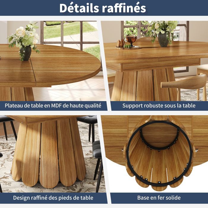 Mesa de comedor redonda extensible - Becag - Mesa de comedor 118-158x118x76cm - 6 personas - Para cocina y salón - Marrón