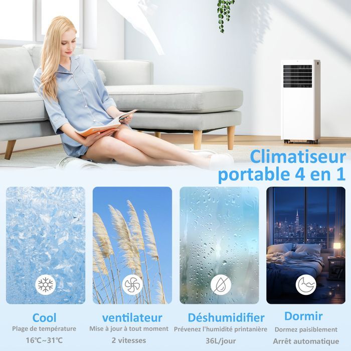 Aire acondicionado portátil - HOMCOM - 7000 BTU - Refrigeración, deshumidificación, ventilador, modo nocturno - ABS - 29,7 x 28,8 x 69,7 cm - Blanco