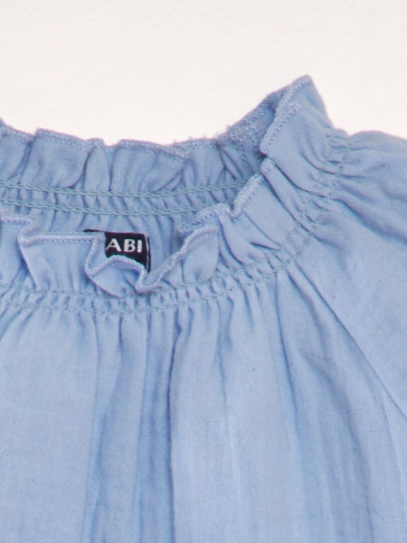 Blusa de manga comprida com gola franzida - AZUL
