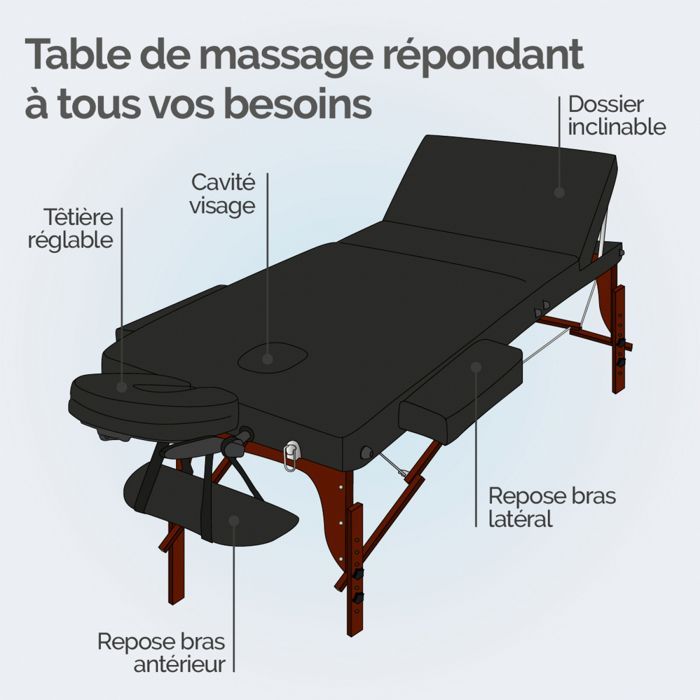 Table de massage 15 cm pliante 3 zones en bois foncé avec panneau Reiki + Accessoires et housse de transport - Noir - Vivezen