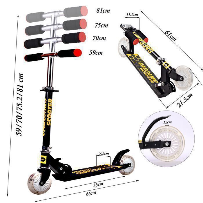 Patinete infantil/Patinete para niño - Patinete plegable para niños con 2 ruedas con luces LED intermitentes, altura ajustable, edades de 3 a 10 años (altura: 80-135 cm) - Negro