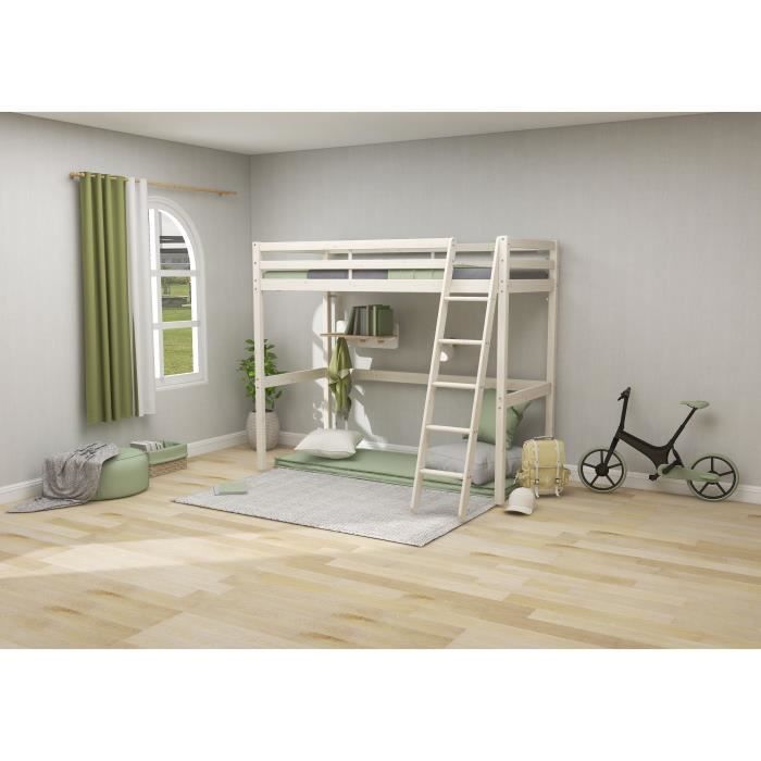 Hochbett für Kinder – ERIKA – Massives, gebleichtes Kiefernholz – Inklusive Lattenrost – 90 x 190 cm