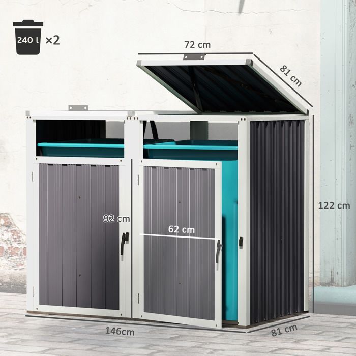 Refugio para 2 contenedores - Outsunny - 240 L - Tapas abatibles de 180° - Acero galvanizado - 146 x 81 x 122 cm - Gris oscuro