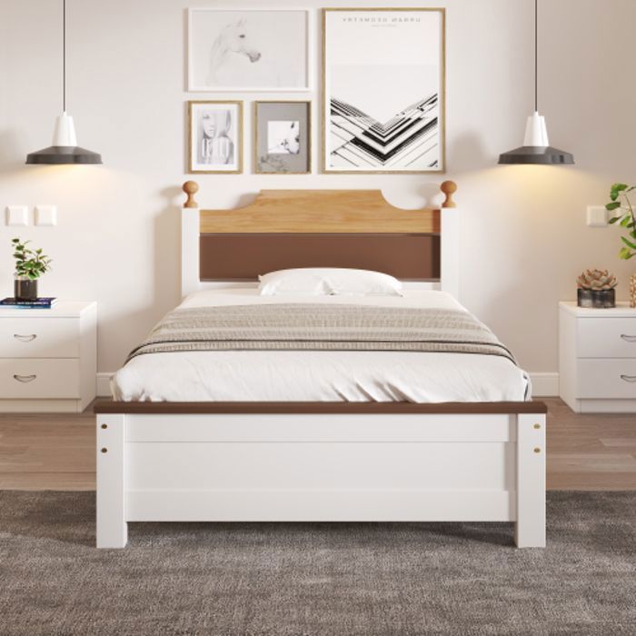 Cama individual de 90x200 cm, cama de adulto con cabecero, estilo blanco con bloques de color, estructura con pata central, MDF