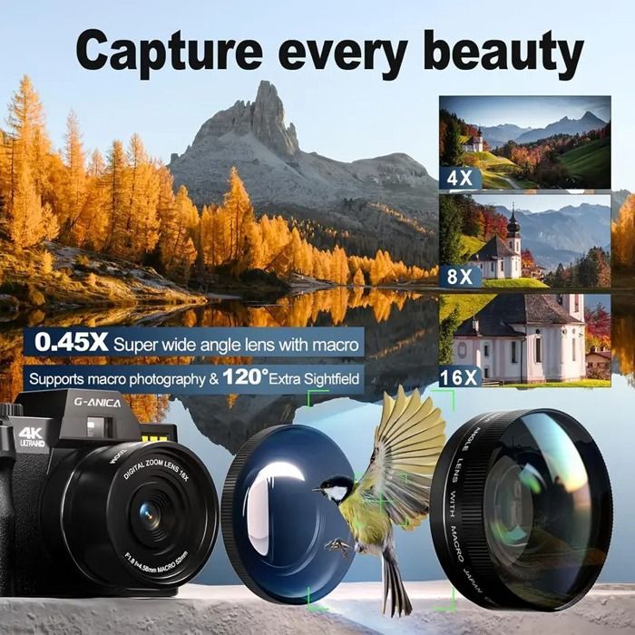 Digital cameras for 4K photography, 48MP with autofocus, vlogging camera including 32GB TF card & 2 batteries