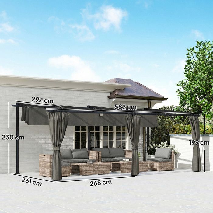 Retractable garden gazebo - Outsunny - sliding roof - side curtains - metal - 3x6m - dark grey