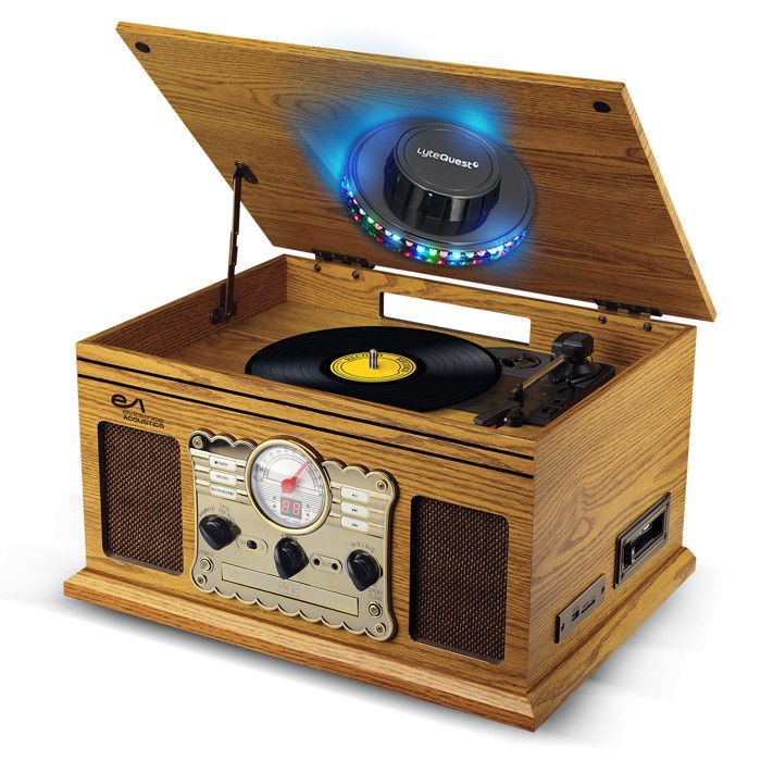 Evidence Acoustics EA-PL300-WOOD levysoitin-hifijärjestelmä, 33/45/78 RPM vinyyli, 60 W, FM-radio, CD, kasetti, BT, USB-tallennus, retro vintage LED