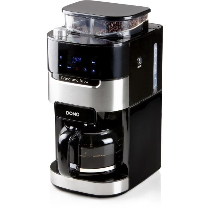 Cafetera de filtro con molinillo integrado - DOMO - DO721K - 900 W - 1,5 L - 12 tazas - 200 g de granos - Pantalla LCD - 3 niveles de intensidad -