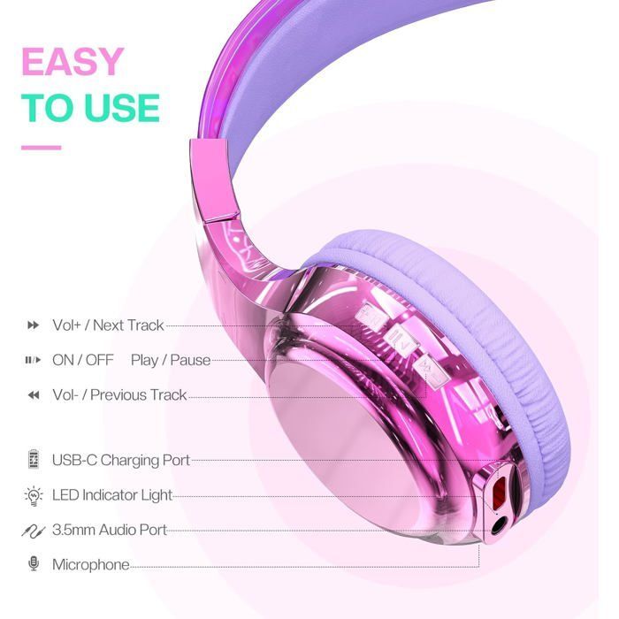 Auriculares inalámbricos infantiles, metálicos, Bluetooth 5.3, micrófono incorporado, plegables, para niñas, niños, adolescentes, iPad, PC, tablet (morado)