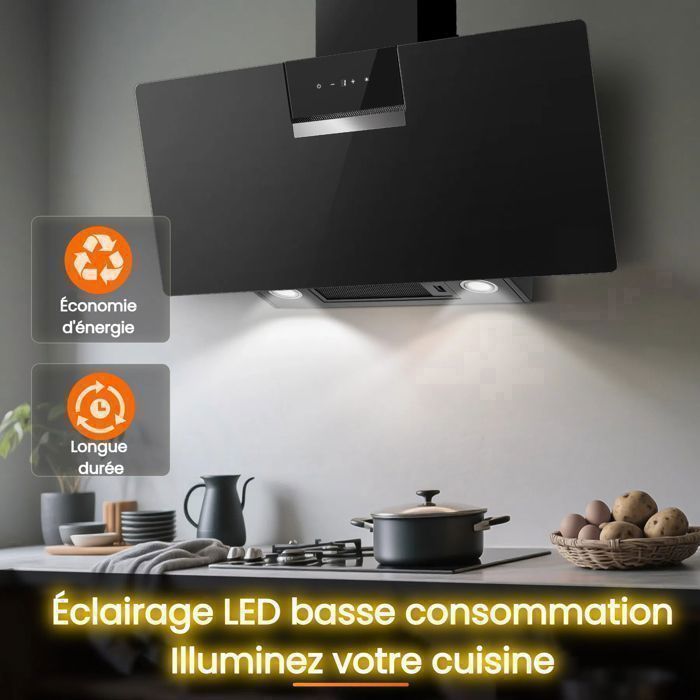 60cm Cooker Hood - Angled Kitchen Hood - 800 m³/h - 2 Carbon Filters - Recirculation & Extraction - Black