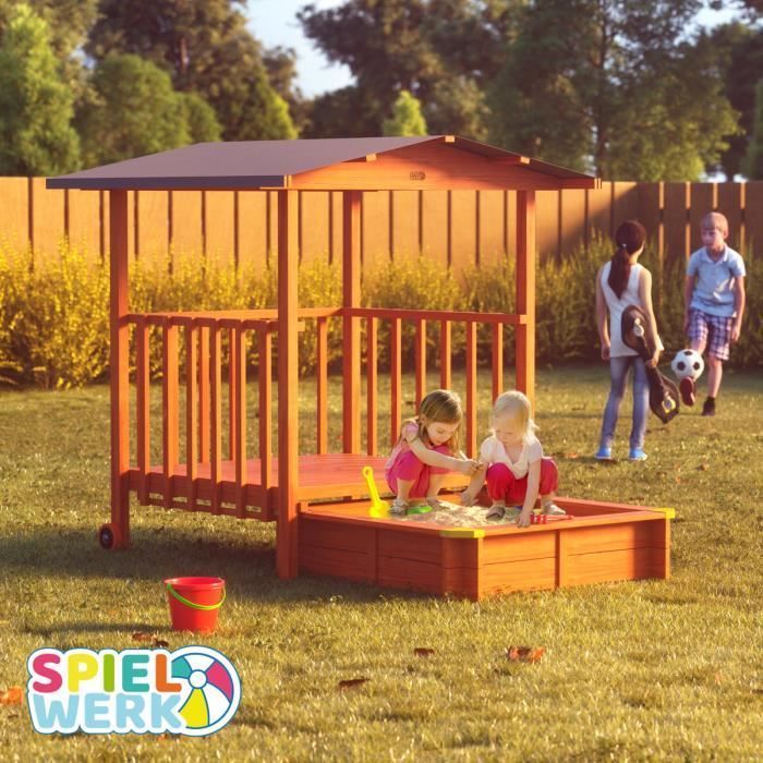 Spielwerk Bac à sable en bois d'épicéa MERLE 130x143cm aire de jeux cabane protection UV jeu pour enfants extérieur jardin