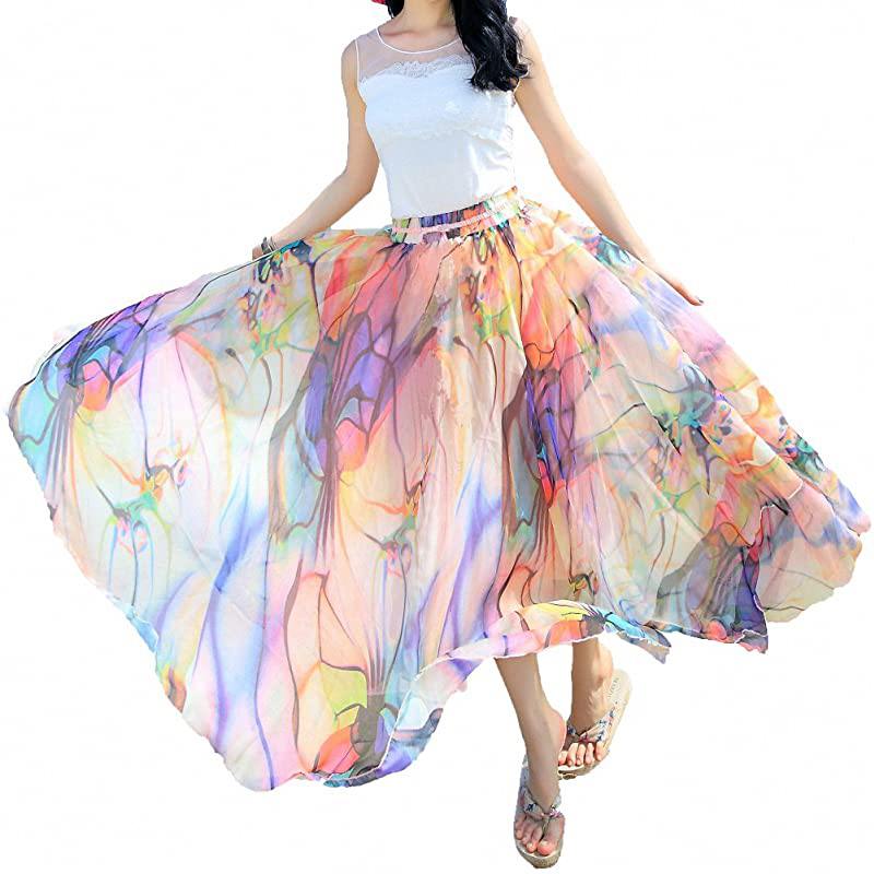 Gonna da donna stampata in chiffon con elastico in vita e balze, lunghezza midi fluida