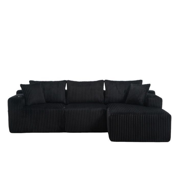 Canapé d'angle 3 places，Canapé modulable, velours côtelé, 5 coussins, poches latérales et porte-gobelets, Noir,257×90-160×62cm