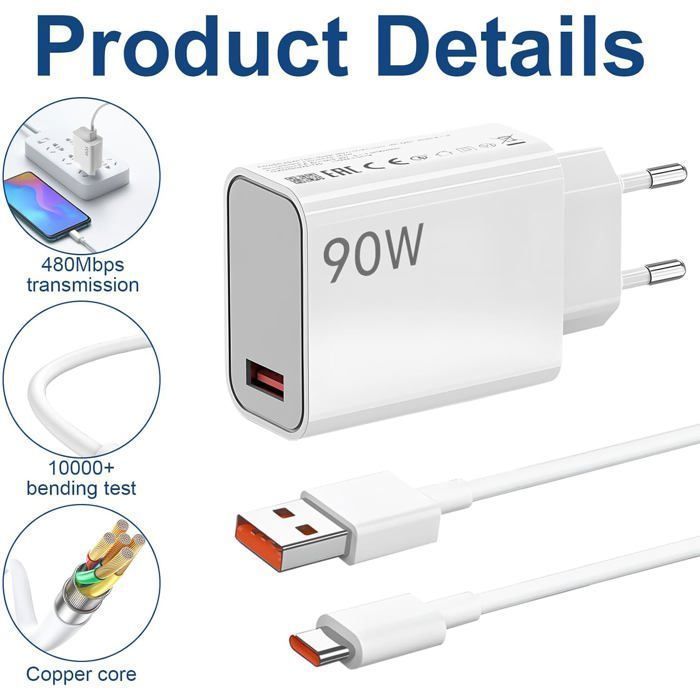 Caricabatterie rapido da 90 W per Xiaomi Redmi Note 14/13/12/11 Pro 14C, Hypercharge USB-C da 6 A, Turbo Charger con cavo USB-C da 1 m per Xiaomi