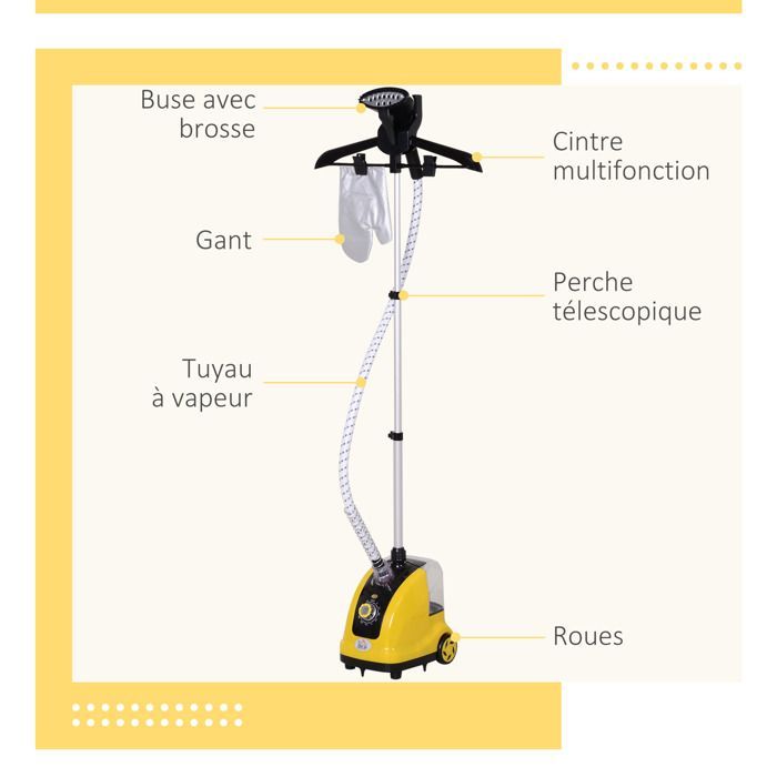Steam iron - HOMCOM - vertical garment steamer, 1.4 L, 1950 W, 32g/min steam output, telescopic pole - ABS - yellow/black