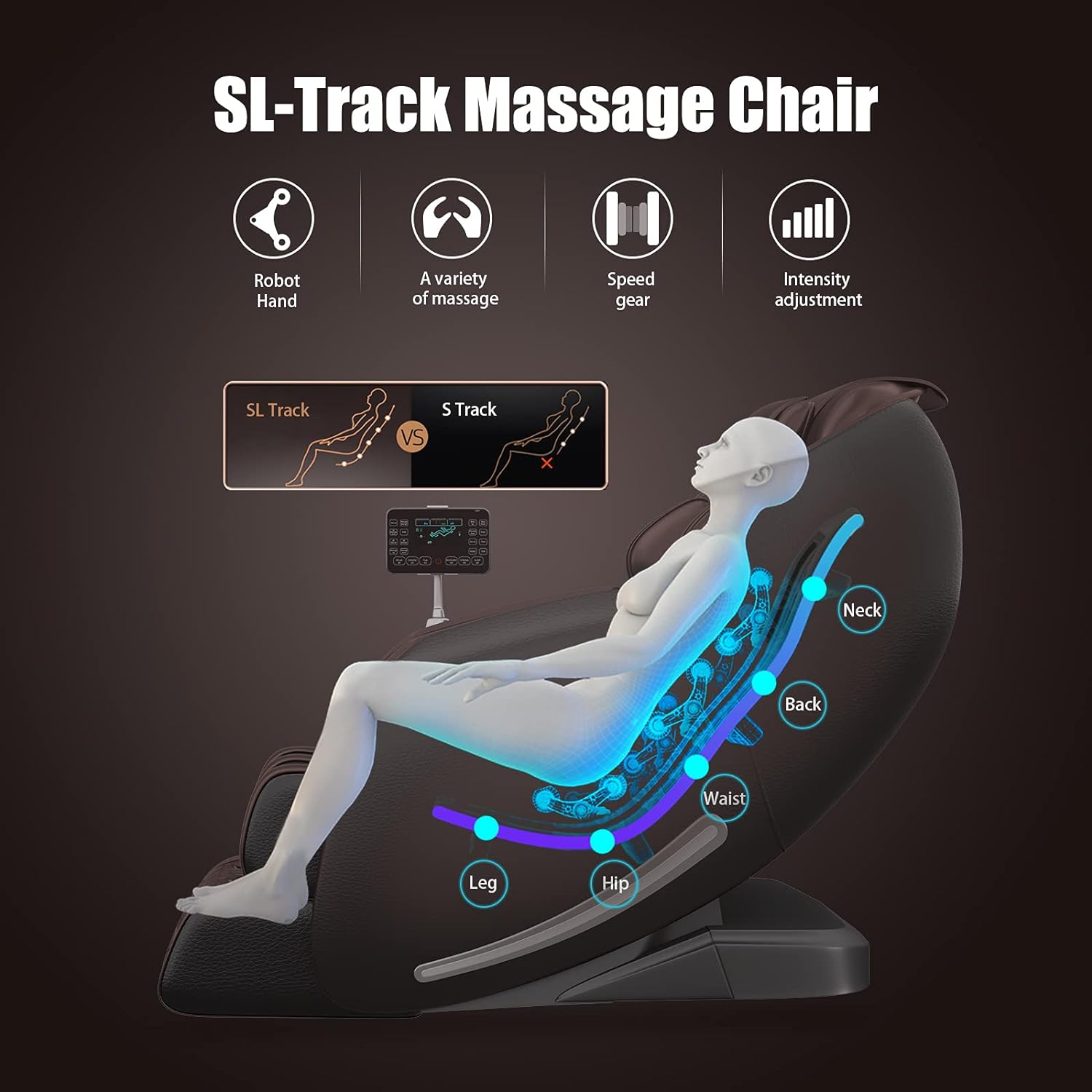 Real Relax -hierontatuoli, koko kehon nollapainovoimainen SL-Track Shiatsu -hierontatuoli, jossa lämmönsiirtovartalon skannaus, Bluetooth-jalkarulla, APP-ohjaus, Favor-06 Brown