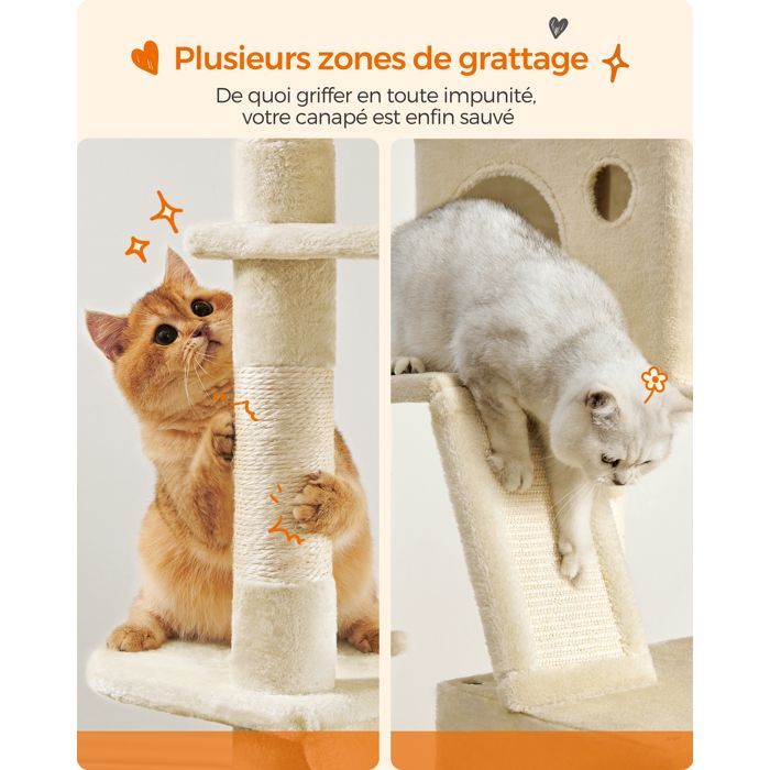 Cat Tree, 203.5 cm High, with 13 Scratching Posts, 2 Platforms, 2 Caves, Basket, Multi-Level Indoor Cat Tree, Beige