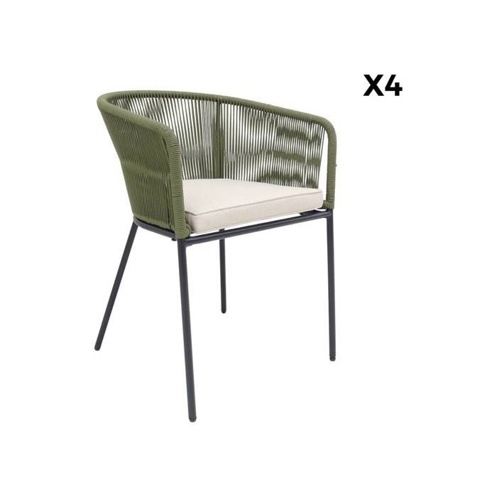 Set di 4 sedie da giardino in corda color kaki e acciaio zincato. Cuscini beige.