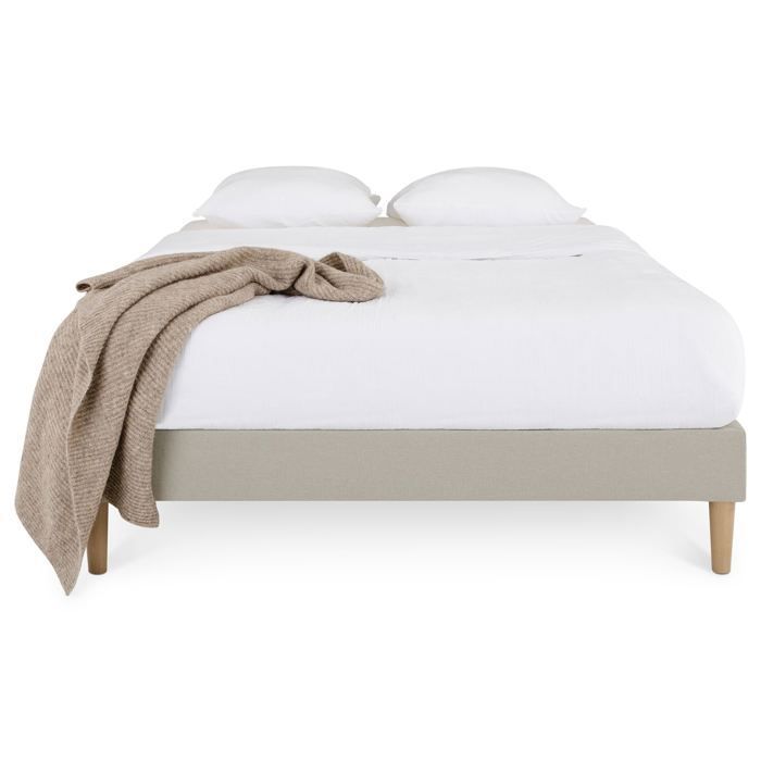 Base de cama tapizada VANNES de 120 x 190 cm, estructura de madera y revestimiento de tela beige, estructura de cama con patas y somier de láminas.
