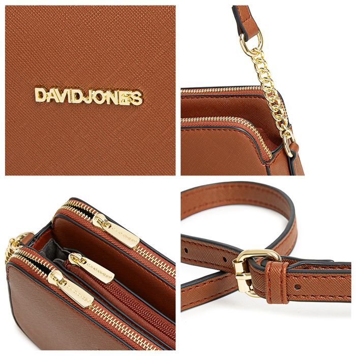 David Jones - Borsa a tracolla piccola da donna - Borsa a spalla con tracolla a catena, in pelle sintetica, 3 scomparti - Borsa multi-tasca - Marrone