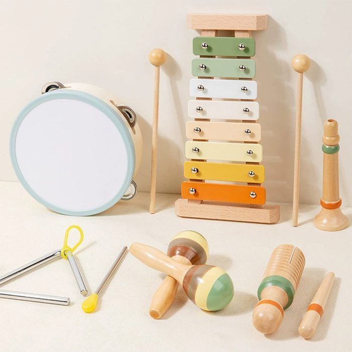 Juego de instrumentos musicales - 6 piezas, Juego de instrumentos musicales de madera para niños - Xilófono/Pandereta, ≥3 años