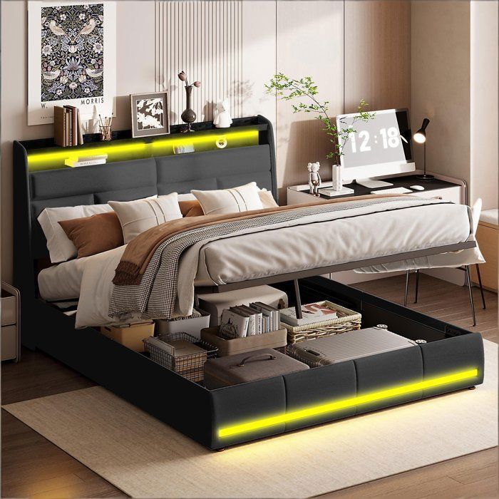 Chambre complete adulte,sommier 160x200,lit deux place,Lit coffre 160x200,lit led 160 x 200,Rangement tête-rembourré-LED-PU-Noir