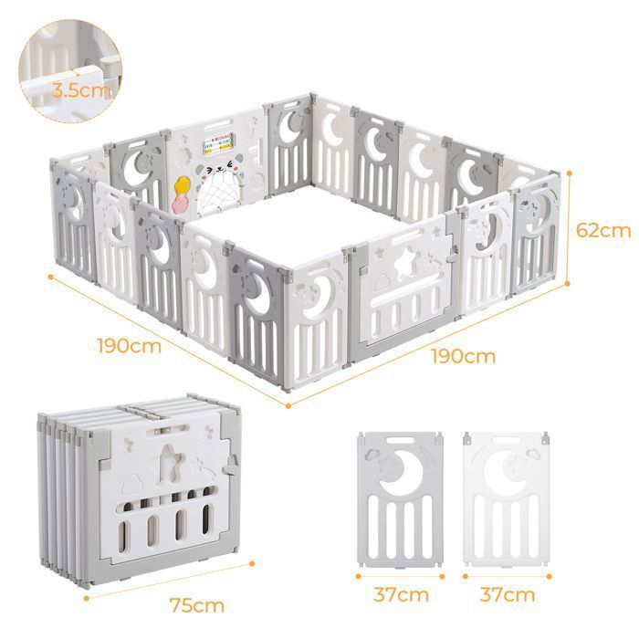 Baby Playpen 16+2 Panels, XXL Modular Playpen with Safety Lock, Adjustable Shape, Foldable, Baby Gate, Grey