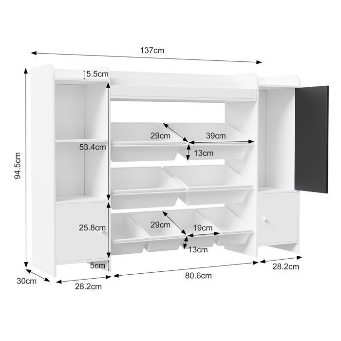 Estante de 6 Prateleiras - Unidade de Armazenamento - 137x30x94,5 cm - Com Quadro Negro e Portas - para Sala de Estar, Escritório, Quarto - Branca