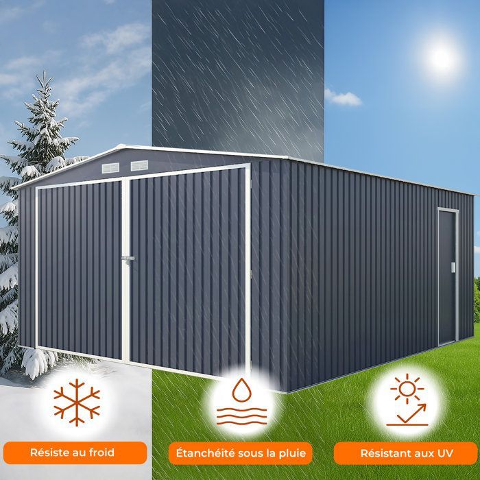 Abri de jardin / Garage en métal 16 m² - 380 x 420 x 232 - COMET - Kit d'ancrage,  2 portes coulissantes , 1 porte latérale  Gris