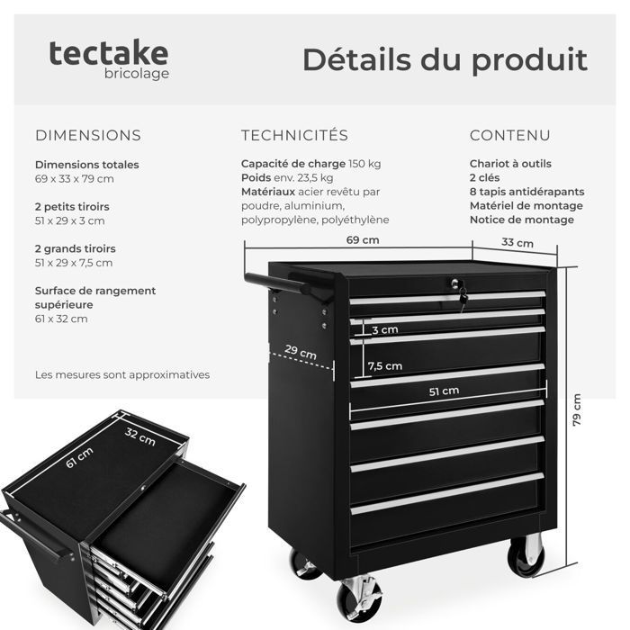 Carro de taller - TECTAKE - Carro de taller de acero con 7 cajones, 69 x 33 x 79 cm - Negro
