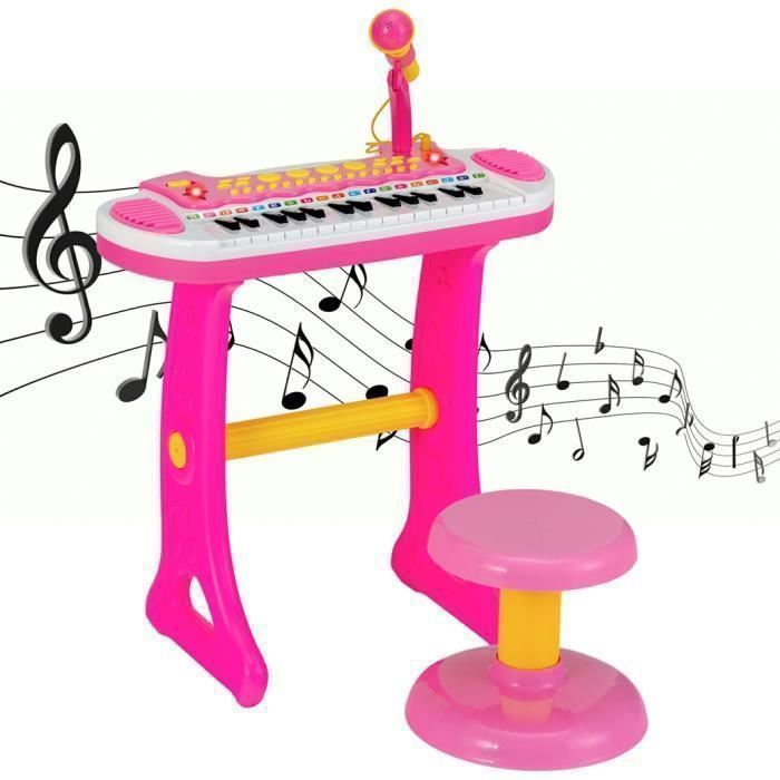 Piano electrónico para niños de 3 años, 31 teclas con taburete, COSTWAY - Micrófono, efectos de luz, 7 ritmos - Apagado automático - Rosa