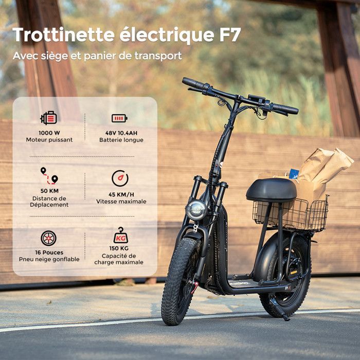 Trottinette électrique iScooter F7 avec siège-16''-1000W-50 km Autonomie -Batterie amovible-Panier amovible-Tout-terrain et urbain