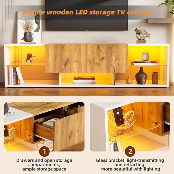 Meuble TV - TANANT - Moderne - Éclairage LED - 5 étagères - 2 tiroirs - Blanc