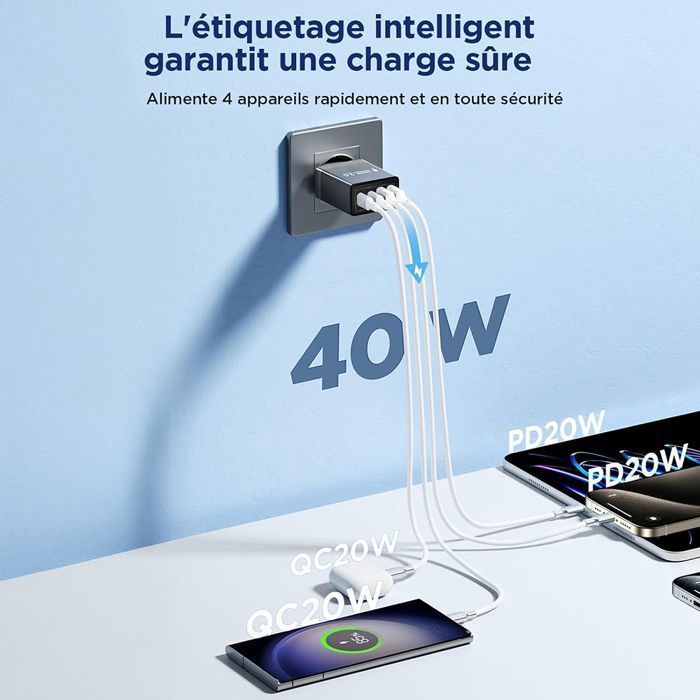 Carregador rápido USB-C de 40 W, carregador multi-USB de 4 portas com PD QC3.0, adaptador de energia USB-C compatível com iPhone -