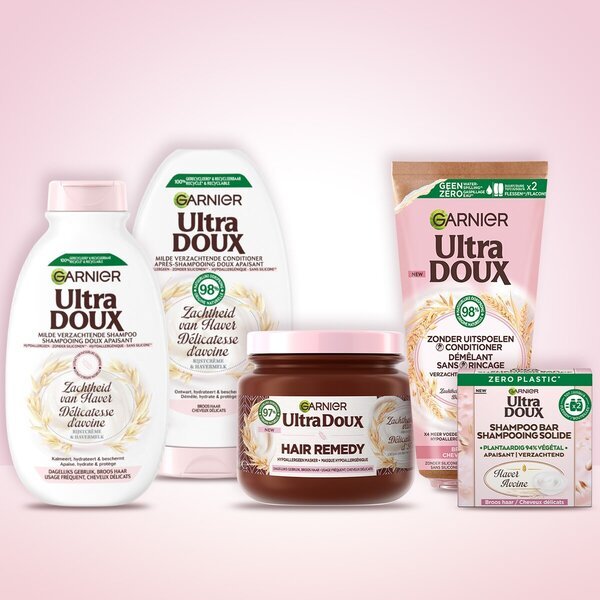 Garnier Ultra Doux šampūnas su avižų minkštumu, skirtas pažeistiems plaukams ir jautriai galvos odai, 300 ml