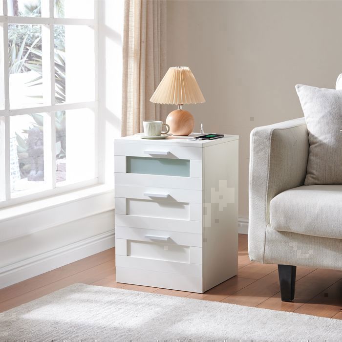 Bedside Tables with 3 Drawers, Nightstand with LED Lighting and USB and Type-C Ports, for Bedroom, Living Room (2, White)