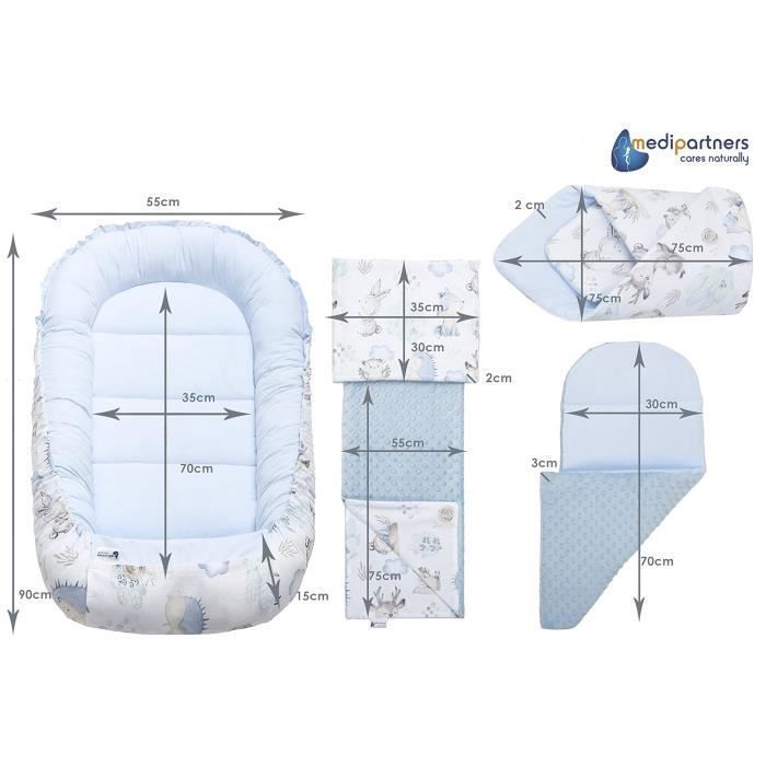 Medi Partners Baby Bed Reducer, 100% Cotton, Newborn Baby Nest with Removable Insert, 100x60x15 cm, Deer and Hedgehog Design, Light Blue