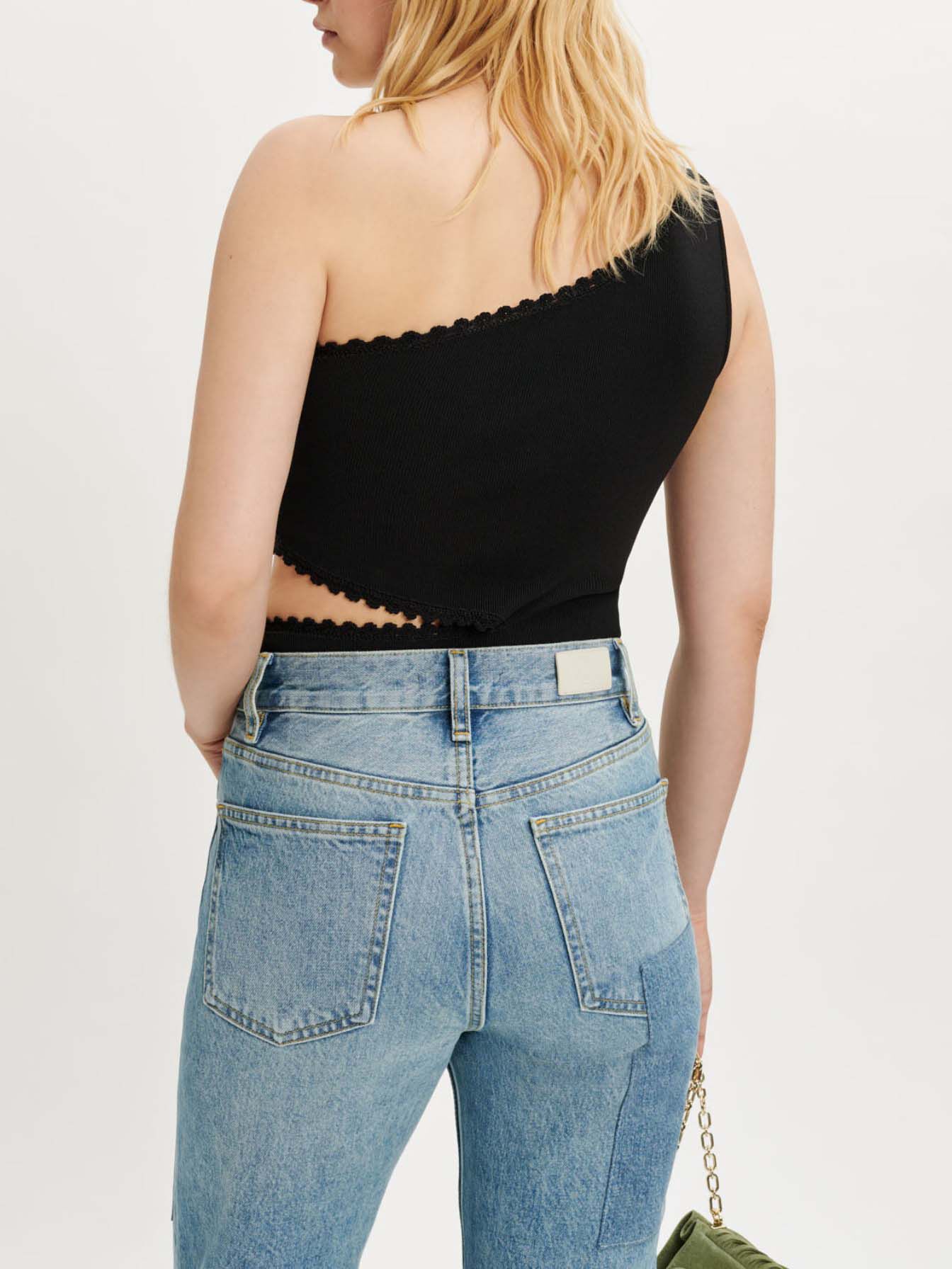Gebreide bodysuit met één schouder - Zwart