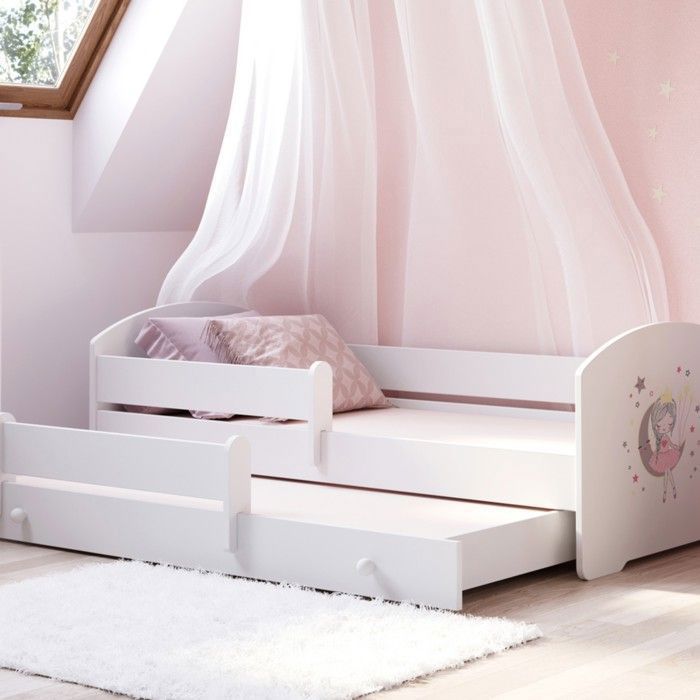 LUK II Cama nido doble para niños de 160 x 80 cm con 2 colchones, 2 bases de cama, color blanco con ilustración de una niña durmiendo.