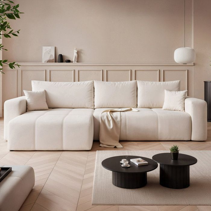 Canapé d angle Idohome PEDRO 278x145 cm Tissu Manila Crème convertible avec coffre