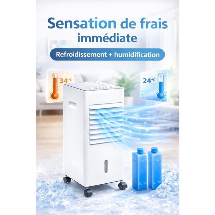 Climatiseur Sans Évacuation 5L Rafraîchisseur Air: Ventilateur, Humidificateur, Purificateur, 3 Vitesses, Blocs de Glace, Silencieux